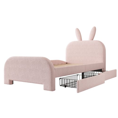 Lit Enfant 90x200 Lapin Cartoon Rose, Laine Douce, 2 Tiroirs Gauche/droite, 150 Kg