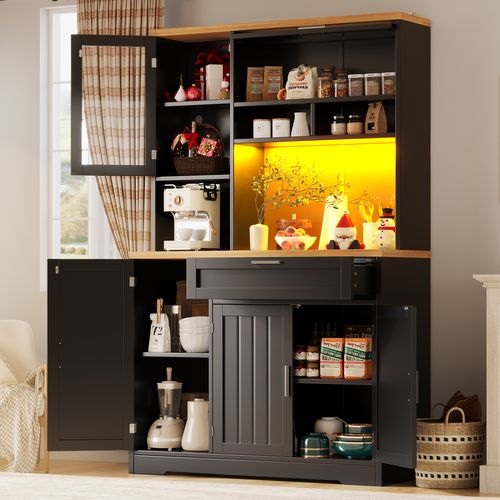 Armoire Haute Cuisine Avec LED, Vitrine Verre, 104x40x180 Cm,noir