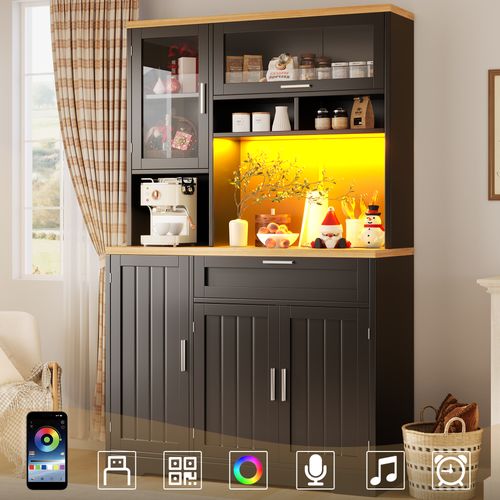 Armoire Haute Cuisine Avec LED, Vitrine Verre, 104x40x180 Cm,noir