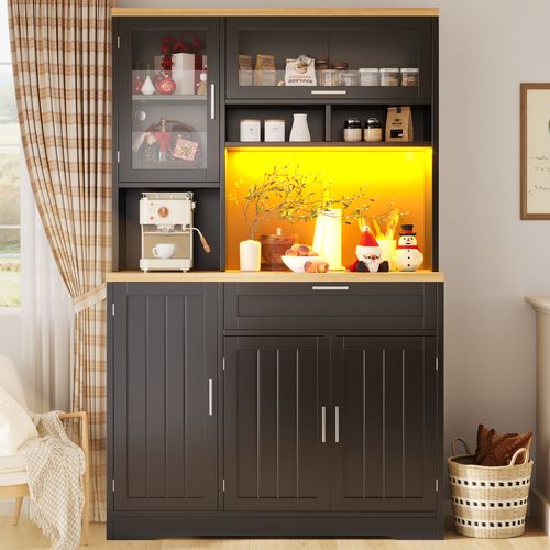 Armoire Haute Cuisine Avec LED, Vitrine Verre, 104x40x180 Cm,noir