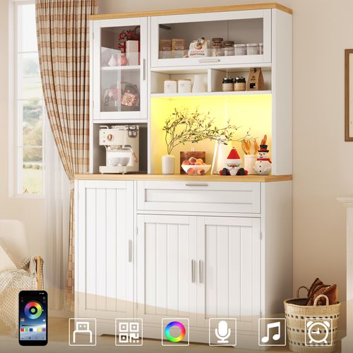 Armoire Haute Cuisine Avec LED, Vitrine Verre, 104x40x180 Cm,blanc