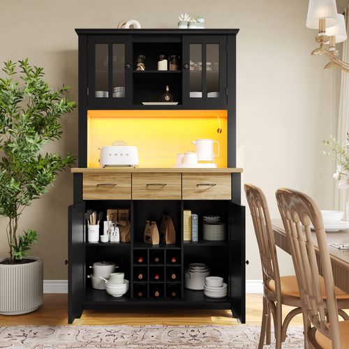 Buffet Cuisine Haut Avec LED, Vitrine Rangement, 106x40x179.5 Cm,noir