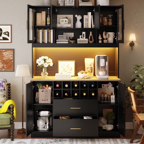 Buffet Cuisine Avec LED Et Prises, 6 Portes, 2 Tiroirs, 120x36.3x180 Cm,noir