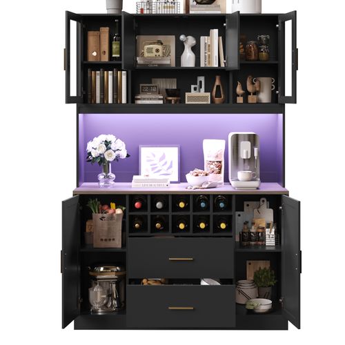 Buffet Cuisine Avec LED Et Prises, 6 Portes, 2 Tiroirs, 120x36.3x180 Cm,noir