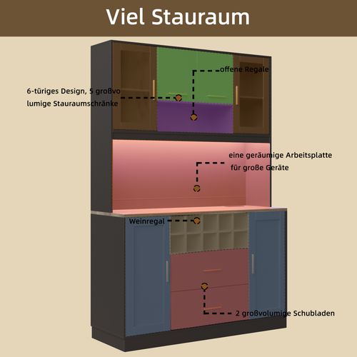 Buffet Cuisine Avec LED Et Prises, 6 Portes, 2 Tiroirs, 120x36.3x180 Cm,noir