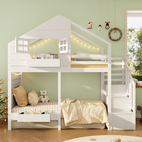 Lit Mezzanine Enfant 90x200 Cm Avec Escalier Rangement, Fenêtre, Bois Massif Blanc