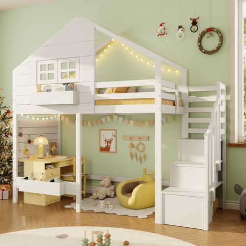 Lit Mezzanine Enfant 90x200 Cm Avec Escalier Rangement, Fenêtre, Bois Massif Blanc