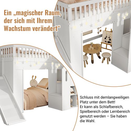 Lit Mezzanine Enfant 90x200 Avec Toboggan, Escalier Rangement, LED, Bois Massif Blanc