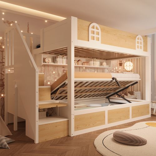 Lit Superposé Enfant 90x200 Avec Escalier Rangement, Sécurité En 747, Blanc Et Naturel