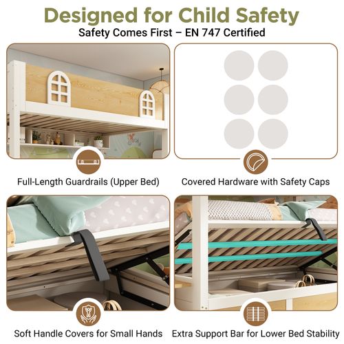 Lit Superposé Enfant 90x200 Avec Escalier Rangement, Sécurité En 747, Blanc Et Naturel