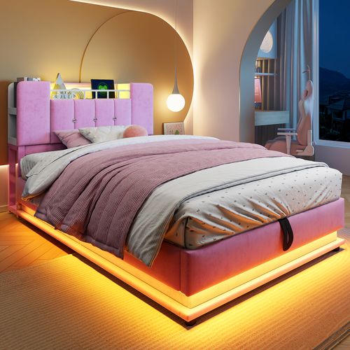 Lit Enfant Capitonné 90x200 Cm Avec LED, USB Et Coffre Hydraulique, Velours, Rose