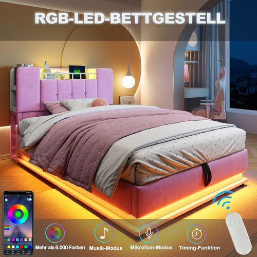 Lit Enfant Capitonné 90x200 Cm Avec LED, USB Et Coffre Hydraulique, Velours, Rose