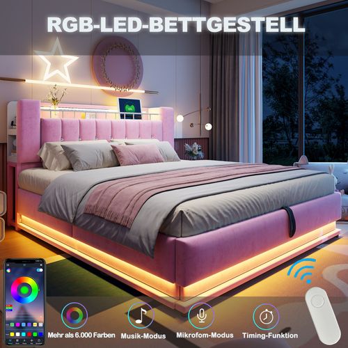 Lit Coffre Capitonné 180x200 Cm Avec LED, USB Et Coffre Hydraulique, Velours, Rose