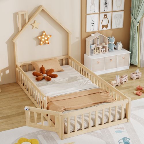 Lit Cabane Enfant 90x200 Cheminée, Barrière Sécurité, Sommier Lattes,mdf, Bois