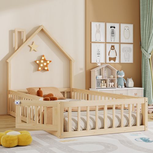 Lit Cabane Enfant 90x200 Cheminée, Barrière Sécurité, Sommier Lattes,mdf, Bois