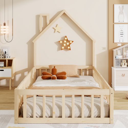 Lit Cabane Enfant 90x200 Cheminée, Barrière Sécurité, Sommier Lattes,mdf, Bois