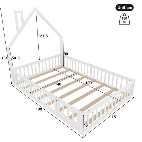 Lit Cabane Enfant 140x190 Cheminée, Barrière Sécurité, Sommier Lattes, Mdf, Blanc