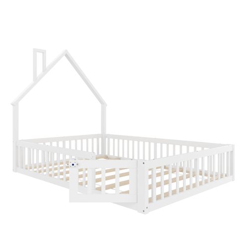 Lit Cabane Enfant 140x190 Cheminée, Barrière Sécurité, Sommier Lattes, Mdf, Blanc