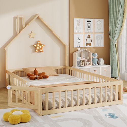 Lit Cabane Enfant 140x190 Cheminée, Barrière Sécurité, Sommier Lattes,mdf, Bois
