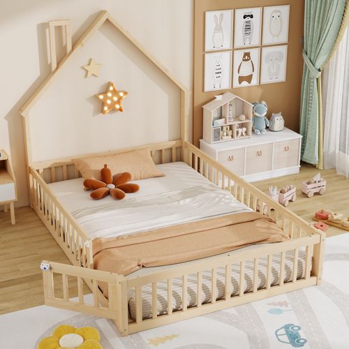 Lit Cabane Enfant 140x190 Cheminée, Barrière Sécurité, Sommier Lattes,mdf, Bois
