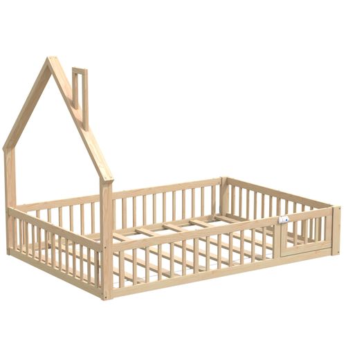 Lit Cabane Enfant 140x190 Cheminée, Barrière Sécurité, Sommier Lattes,mdf, Bois