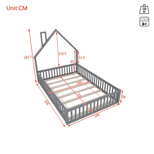 Lit Cabane Enfant 140x200 Cheminée, Barrière Sécurité, Sommier Lattes, Mdf,gris