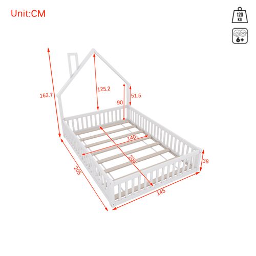 Lit Cabane Enfant 140x200 Cheminée, Barrière Sécurité, Sommier Lattes, Mdf, Blanc