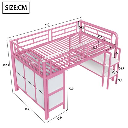 Lit Mezzanine Bas Enfant Métal Avec Grand Escalier, Tiroirs + Étagères, 90x200, Rose