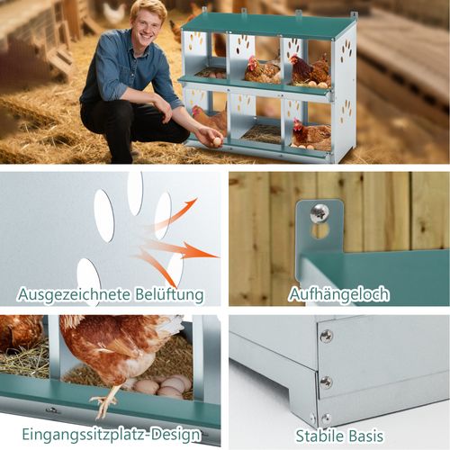 Pondoir Poules 6 Nids 86° Roule-œufs, Métal Acier Galvanisé Extérieur, Vert, Collecteur D’œufs