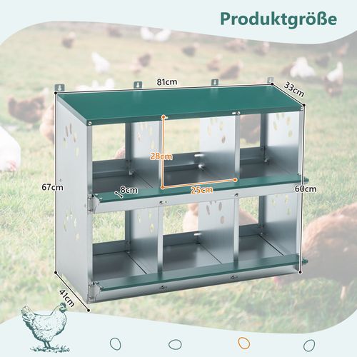 Pondoir Poules 6 Nids 86° Roule-œufs, Métal Acier Galvanisé Extérieur, Vert, Collecteur D’œufs