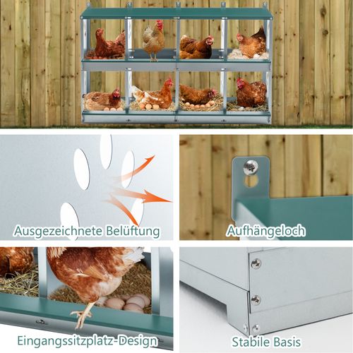 Pondoir Poules 8 Nids Mural 86° Roule-œufs, Métal Galvanisé, Collecteur Protégé, Vert