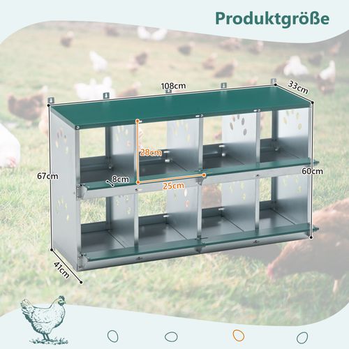 Pondoir Poules 8 Nids Mural 86° Roule-œufs, Métal Galvanisé, Collecteur Protégé, Vert