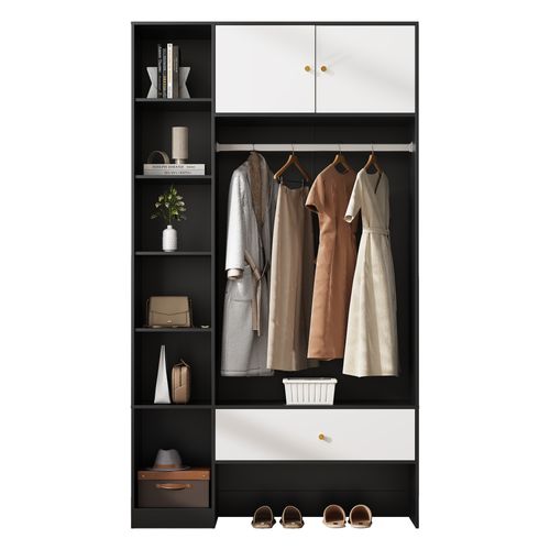 Porte-manteau, Meuble D’entrée, Vestiaire 105x185x40 Cm,Penderie 2 Portes, Tiroir, 6 Niches