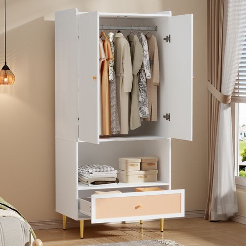 Armoire 2 Portes 80x175 cm, Tiroir Rotin Pe, Tringle