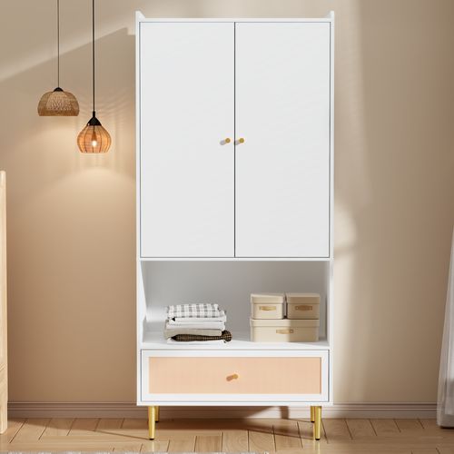 Armoire 2 Portes 80x175 cm, Tiroir Rotin Pe, Tringle