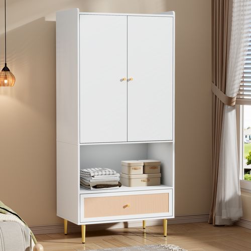 Armoire 2 Portes 80x175 cm, Tiroir Rotin Pe, Tringle
