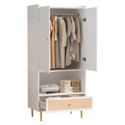 Armoire 2 Portes 80x175 cm, Tiroir Rotin Pe, Tringle