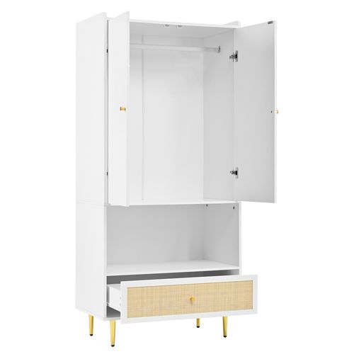 Armoire 2 Portes 80x175 cm, Tiroir Rotin Pe, Tringle