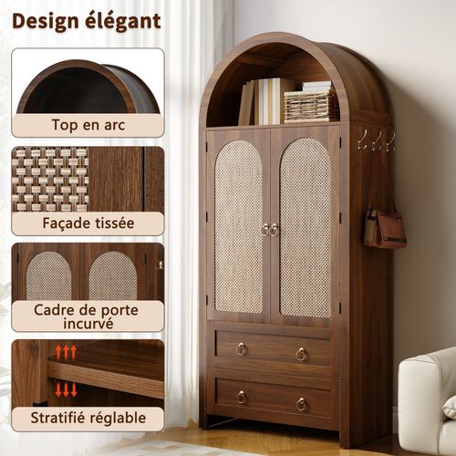 Buffet Haut Cannage Rotin Style Vintage 80x180 Cm, 2 Tiroirs, Crochets, Noyer