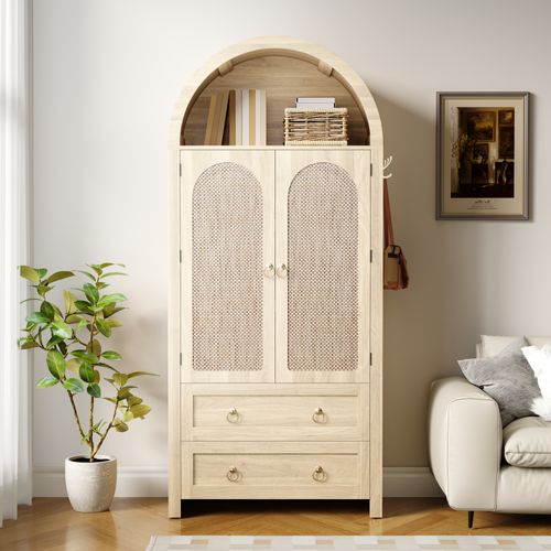 Buffet Haut Cannage Rotin Style Vintage 80x180 Cm, 2 Tiroirs, Crochets,chêne