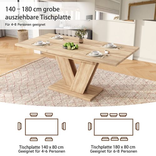 Table à Manger Extensible 140-180x80 Cm Chêne, Pieds V, 4-8 Personnes