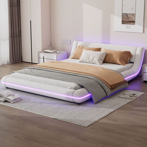 Lit Plateforme 140x200 Blanc Pu, LED Rgb App, Sommier 12 Lattes