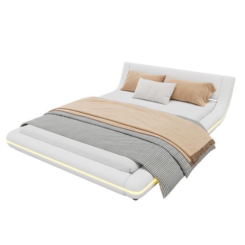 Lit Plateforme 140x200 Blanc Pu, LED Rgb App, Sommier 12 Lattes