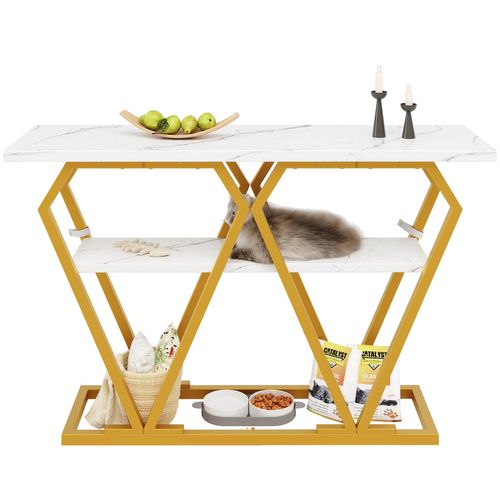 Console D’entrée 120x29,5x80 Cm, Effet Marbre Blanc, Métal Doré, Étagère