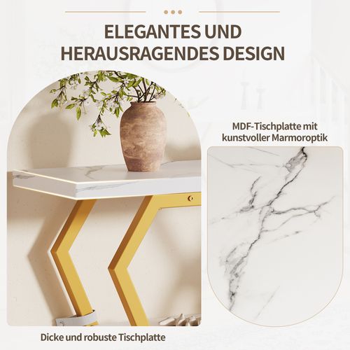 Console D’entrée 120x29,5x80 Cm, Effet Marbre Blanc, Métal Doré, Étagère