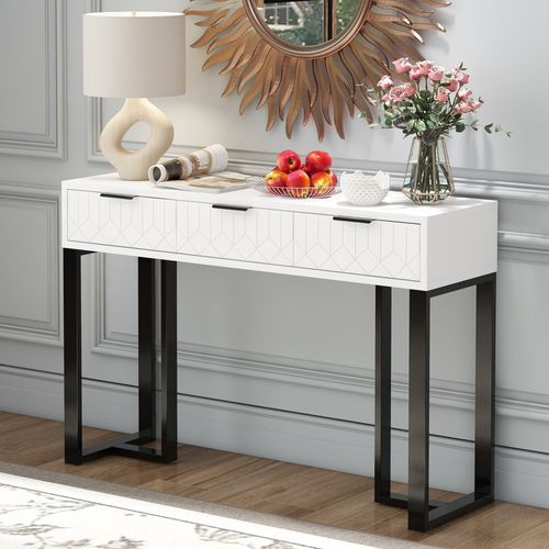 Console Moderne Blanche 2 Tiroirs Motifs, Cadre Métal Doré, Pieds Réglables