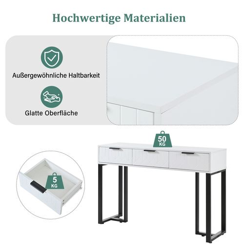 Console Moderne Blanche 2 Tiroirs Motifs, Cadre Métal Doré, Pieds Réglables