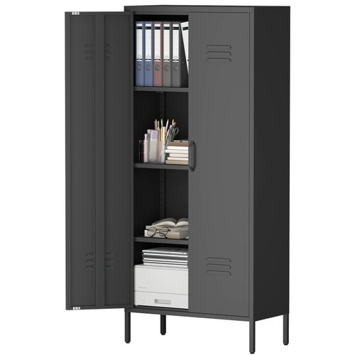 Bibliothèque Armoire Métal Haute 2 Portes, 3 Étagères Réglables, 120 Lb/étagère, Anti-rouille, Noir