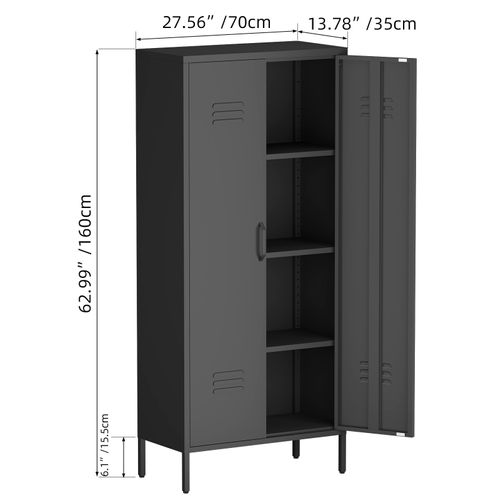 Bibliothèque Armoire Métal Haute 2 Portes, 3 Étagères Réglables, 120 Lb/étagère, Anti-rouille, Noir