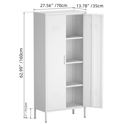 Bibliothèque Armoire Métal Haute 2 Portes, 3 Étagères Réglables, 120 Lb/étagère, Anti-rouille, Blanc